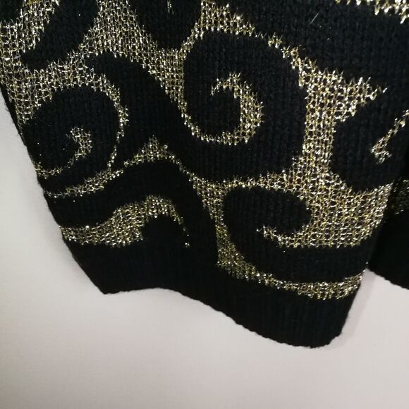 𝅺VINTAGE French Y2K 80s Black & Gold Arabesque Knitted Scoop Neck Sweater Large - Picture 3 of 13